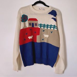Vintage Country Suburban Farmhouse Sheep Knitted Sweater Size L